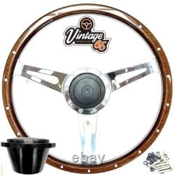 Classic Car Steering Wheel & Boss Kit 15 Riveted Wood Rim Semi Dished