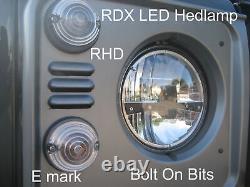 RDX LED Headlamps/Headlights & Stainless Rims E mark RHD Defender 1983 to 2016